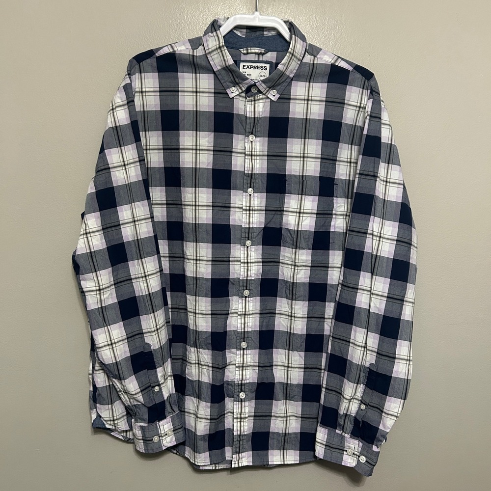 Express Button Down Shirt Mens XXL Blue White Plaid Slim Soft Wash Preppy Casual